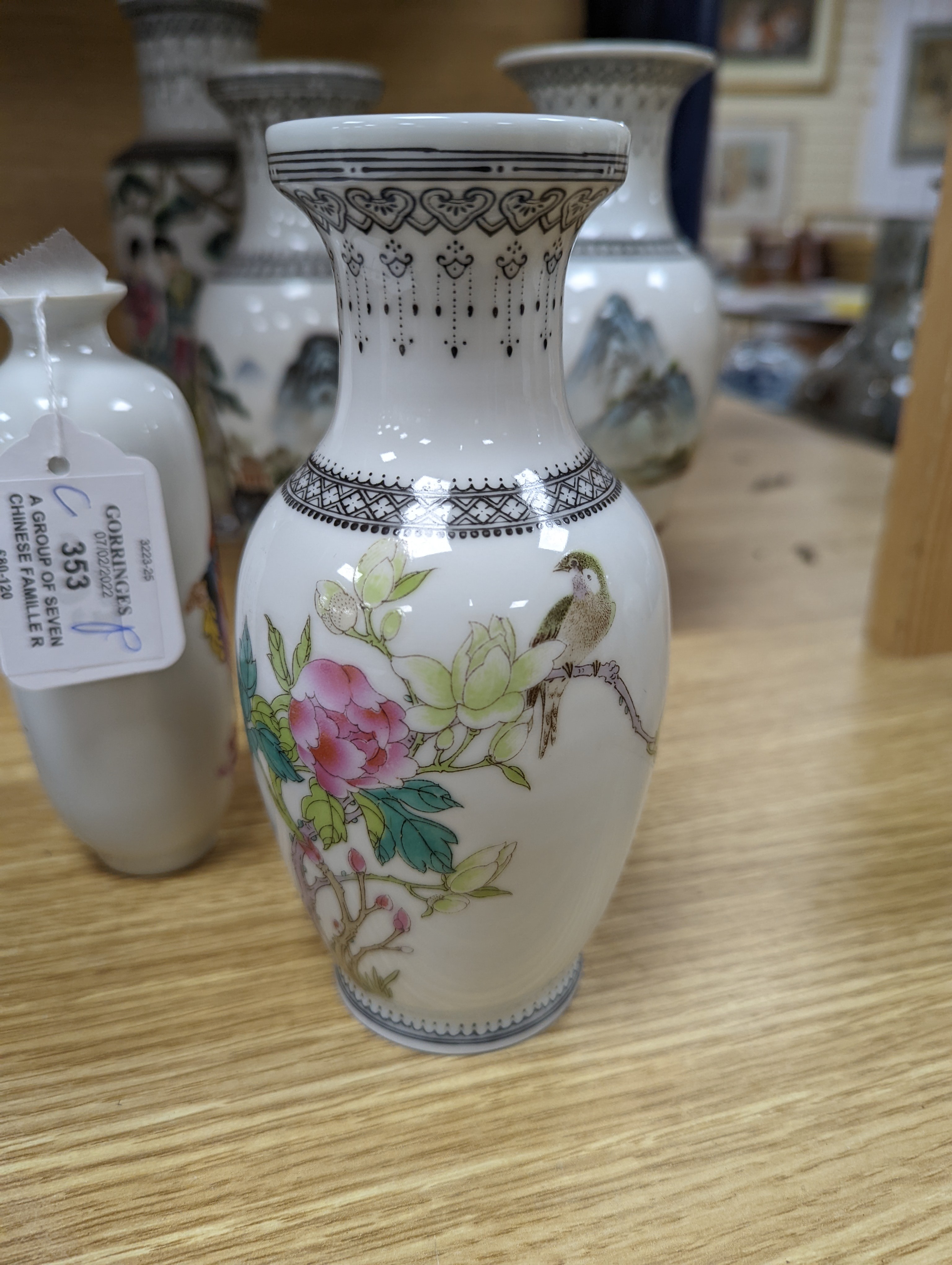 A group of seven Chinese famille rose vases, 20th century